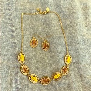 Gold tone, amber & yellow seed necklace & earrings